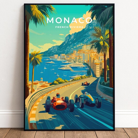 Monaco French Riviera Vintage Grand Prix Racing Cars Travel Poster