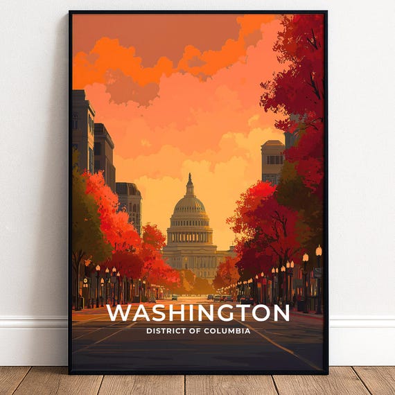 Washington Dc Travel Poster Us Capitol Wall Art Sunset Print