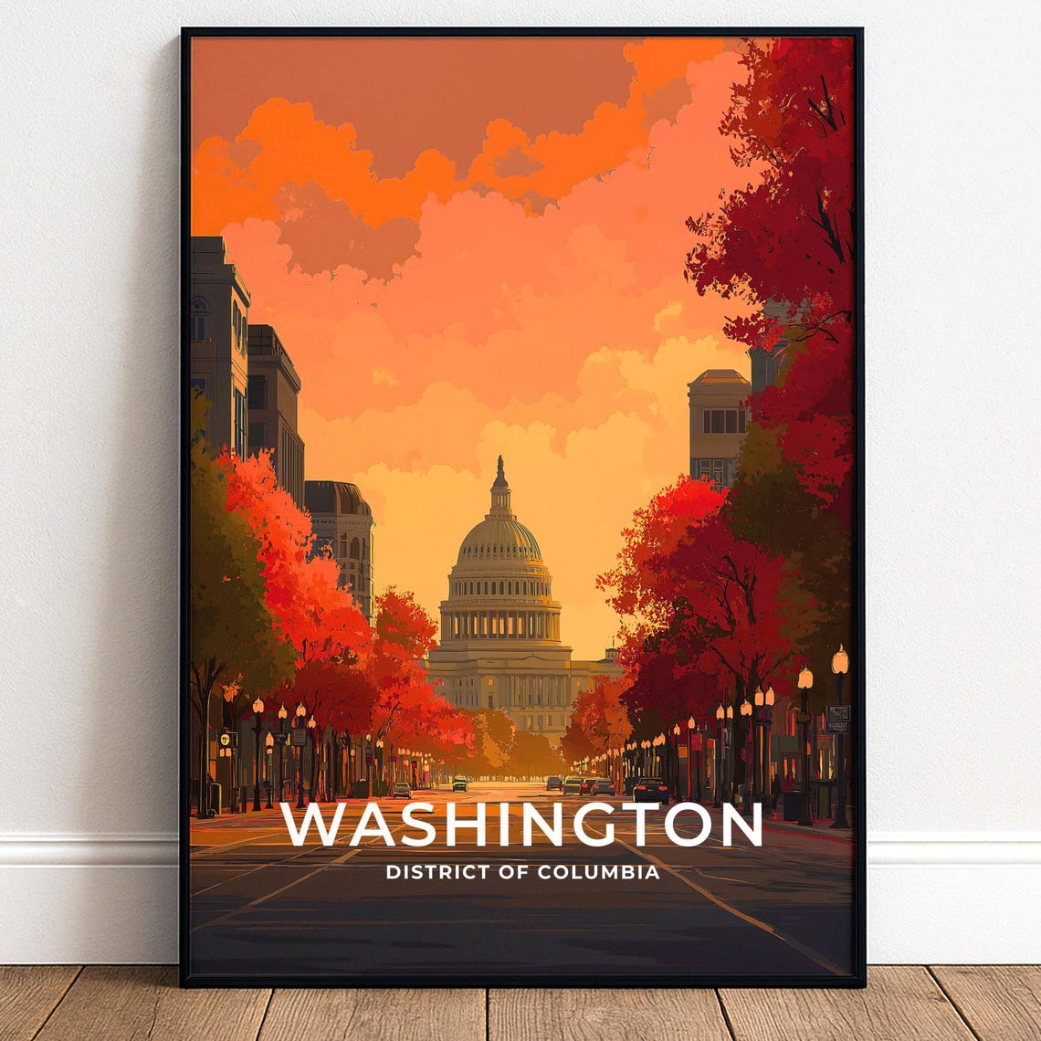 Washington Dc Travel Poster Us Capitol Wall Art Sunset Print