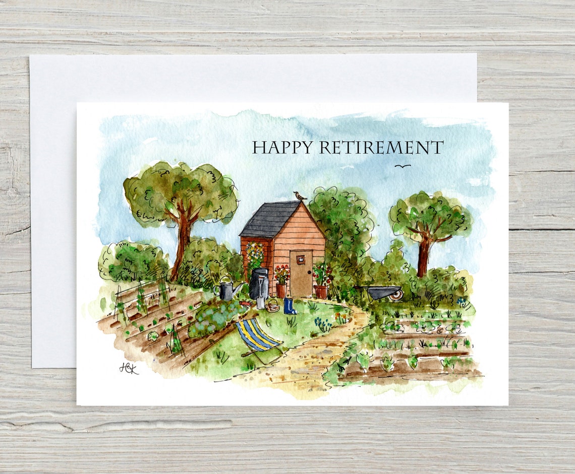 Happy Retirement Garden Allotment Watercolor Greeting Card Print