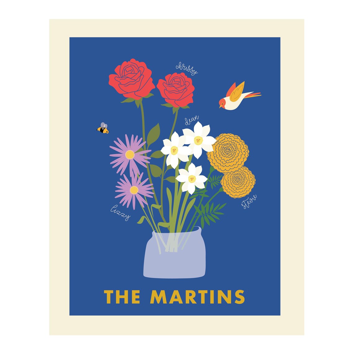 Personalized Birth Flower Bouquet with Poppy and Bird Family Art Print - Image 3