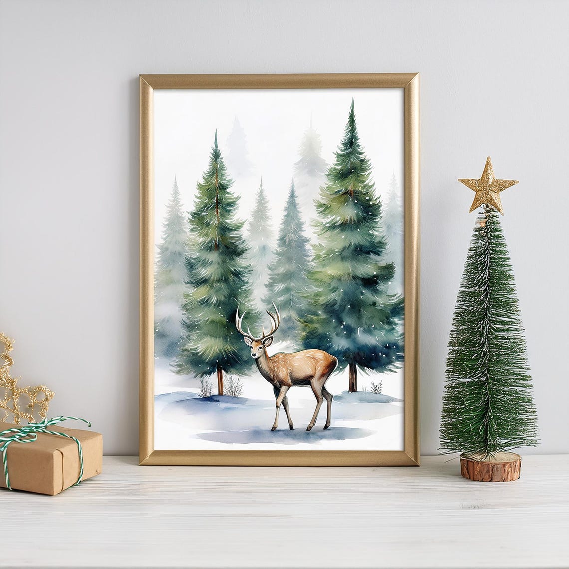 Deer Standing in Snowy Pine Forest Watercolor Winter Scene Poster