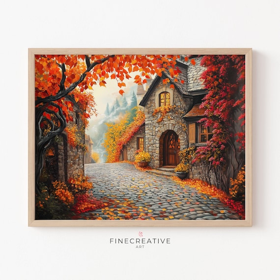 Rustic Stone Village Street Autumn Leaves Charming Fall Poster