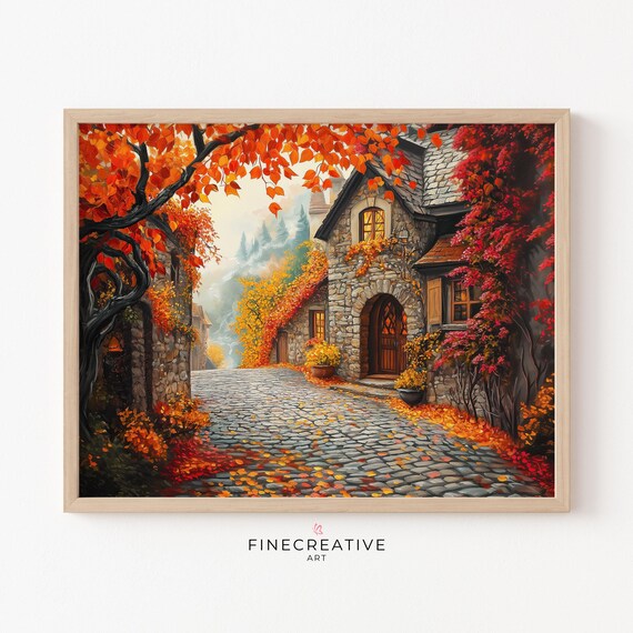 Rustic Village Print Vintage Fall Painting Wall Art Autumn Home Decor Moody Fall Streets Print Instant C10