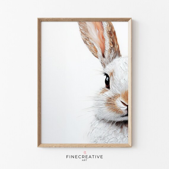 Minimalist White Bunny Close Up Thick Textured Painting Wall Art