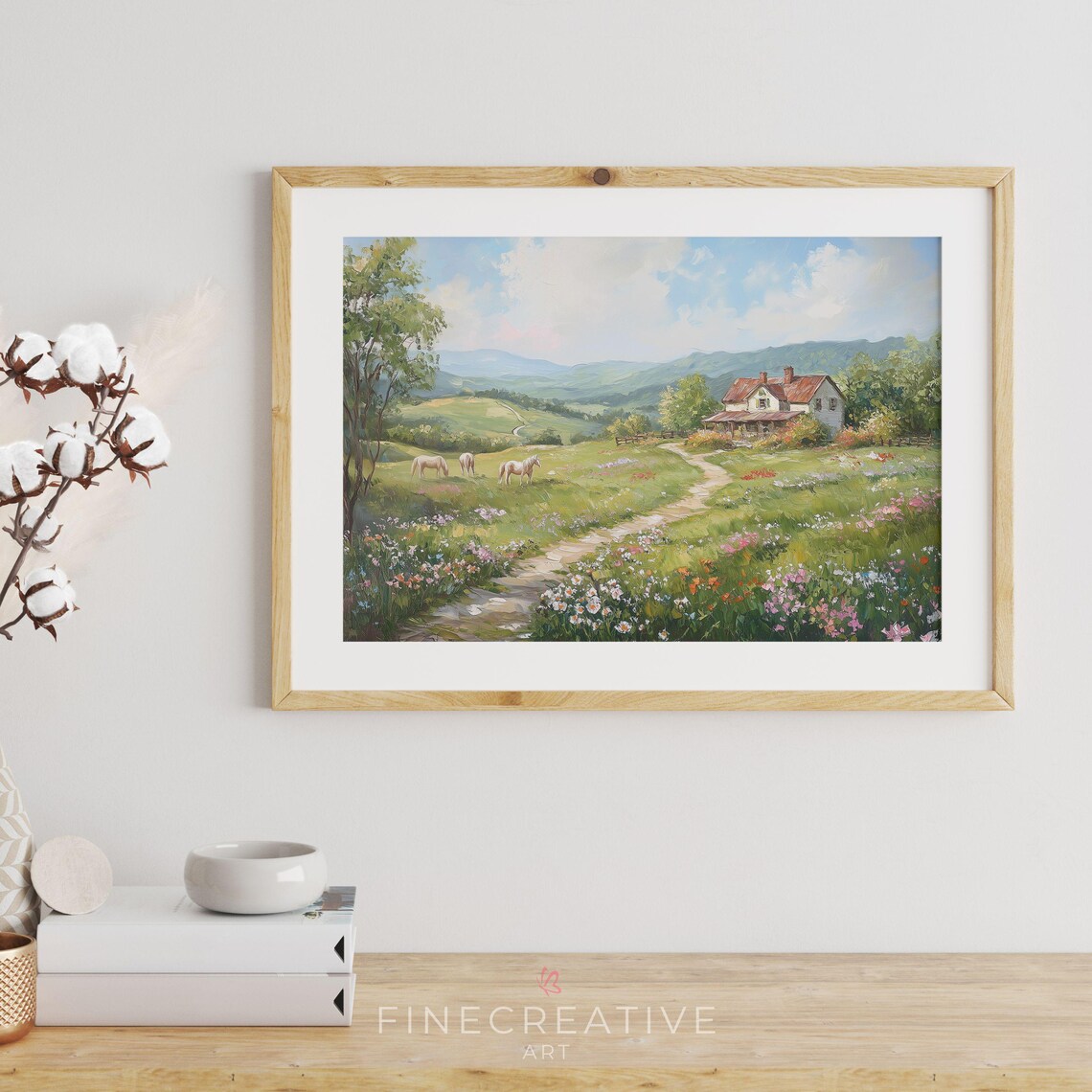 Farmhouse With Horses Grazing In Sunny Wildflower Meadow Wall Art - Image 4