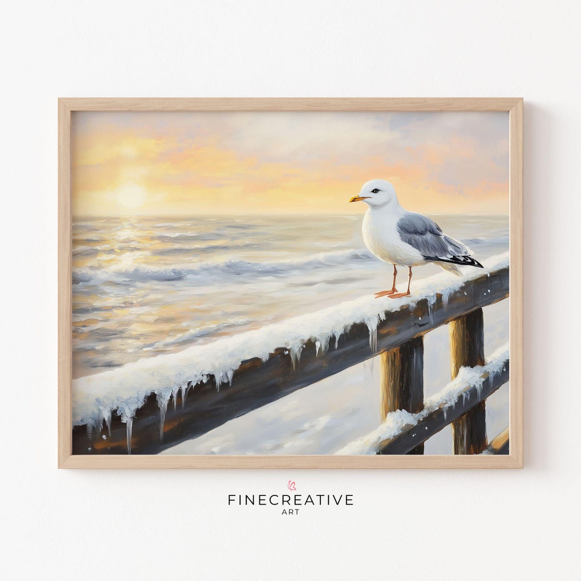 Seagull on Snowy Beach Railing at Sunrise Winter Ocean Poster