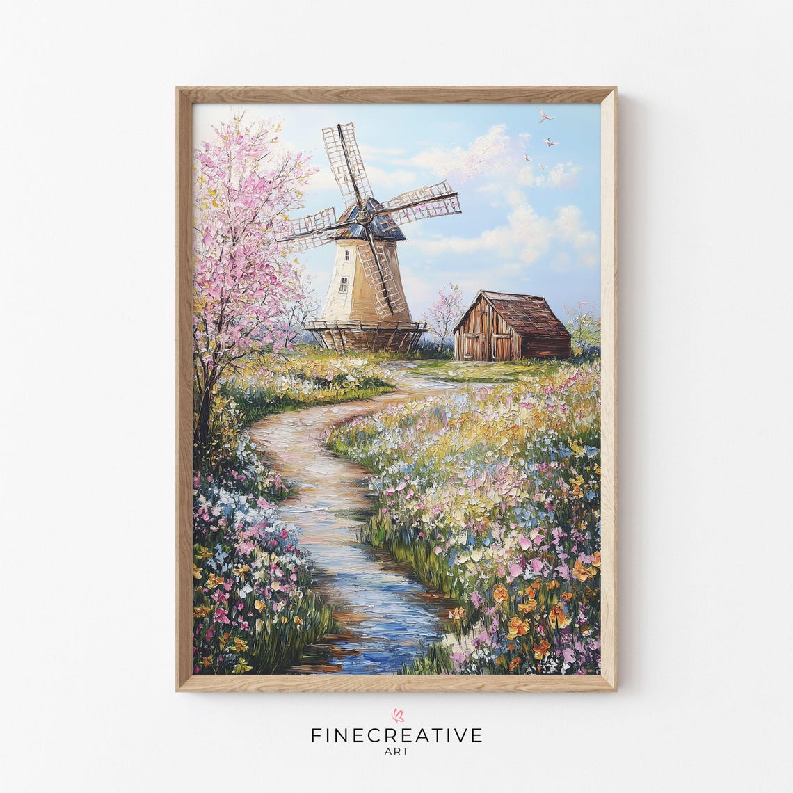 Windmill Spring Flower Fields Stream Barn Countryside Travel Poster