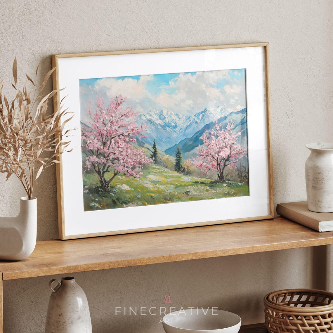 Pink Cherry Blossom Trees With Snowy Mountain Peaks Spring Print - Image 3