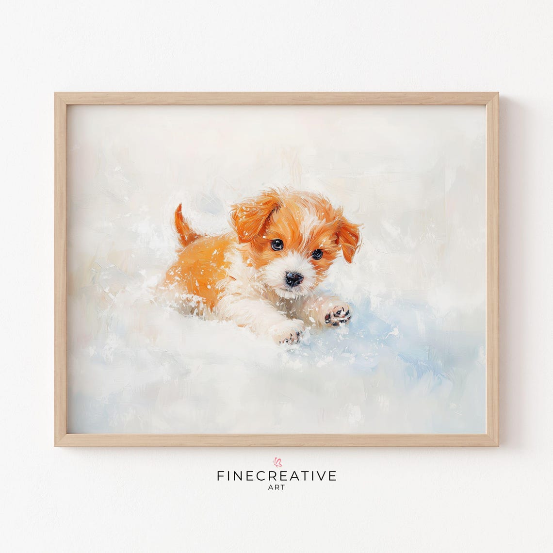 Cute Golden Puppy Playing Joyfully In Fresh Snow Painting Poster