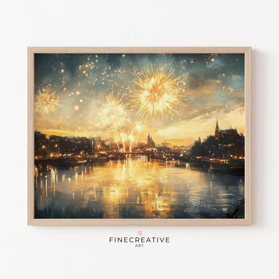 Fireworks Over The River Print Nye Painting Wall Art Celebratory Wall Art Vintage Nye Painting Instant J06