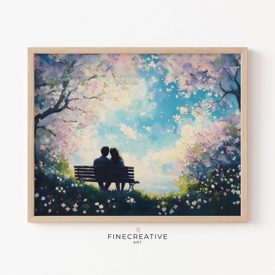 Couple on Bench Under Blossoming Trees Romantic Painting Poster