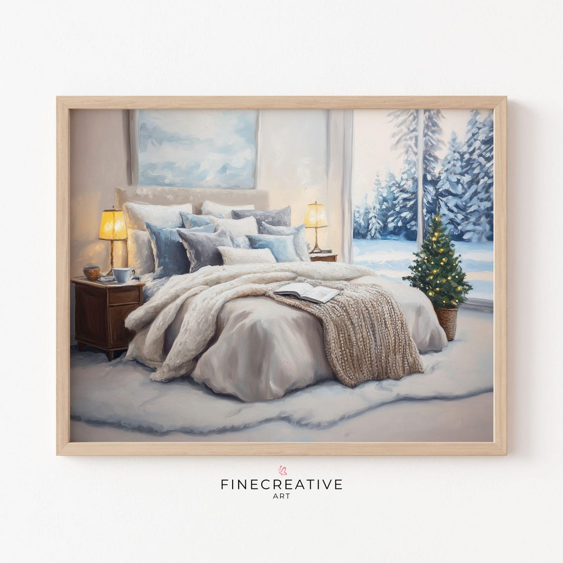 Cozy Christmas Bedroom With Snowy Window View Interior Poster