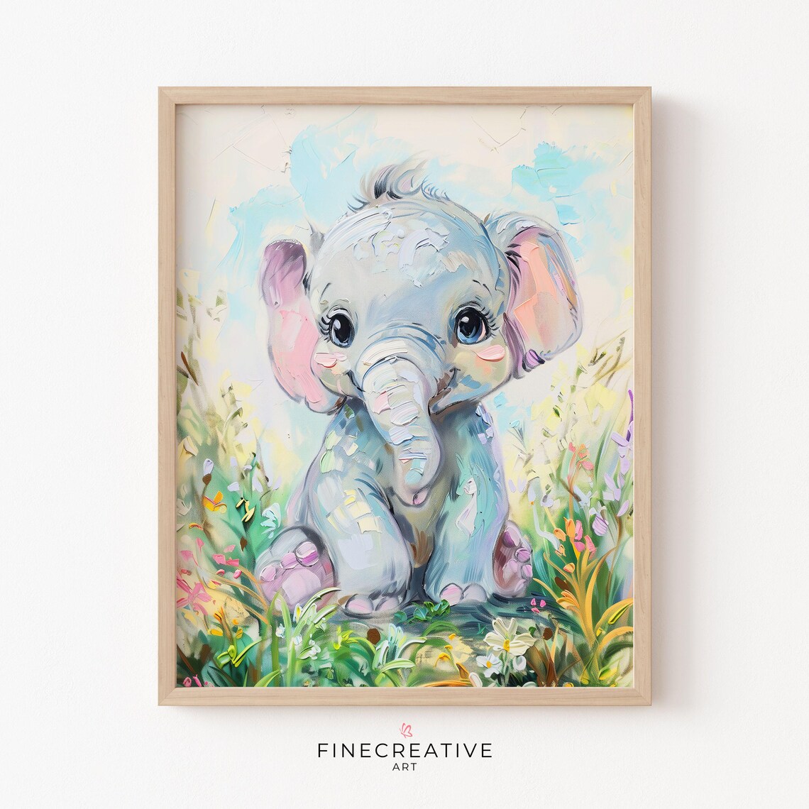 Cute Baby Elephant Pastel Flowers Nursery Sweet Animal Poster