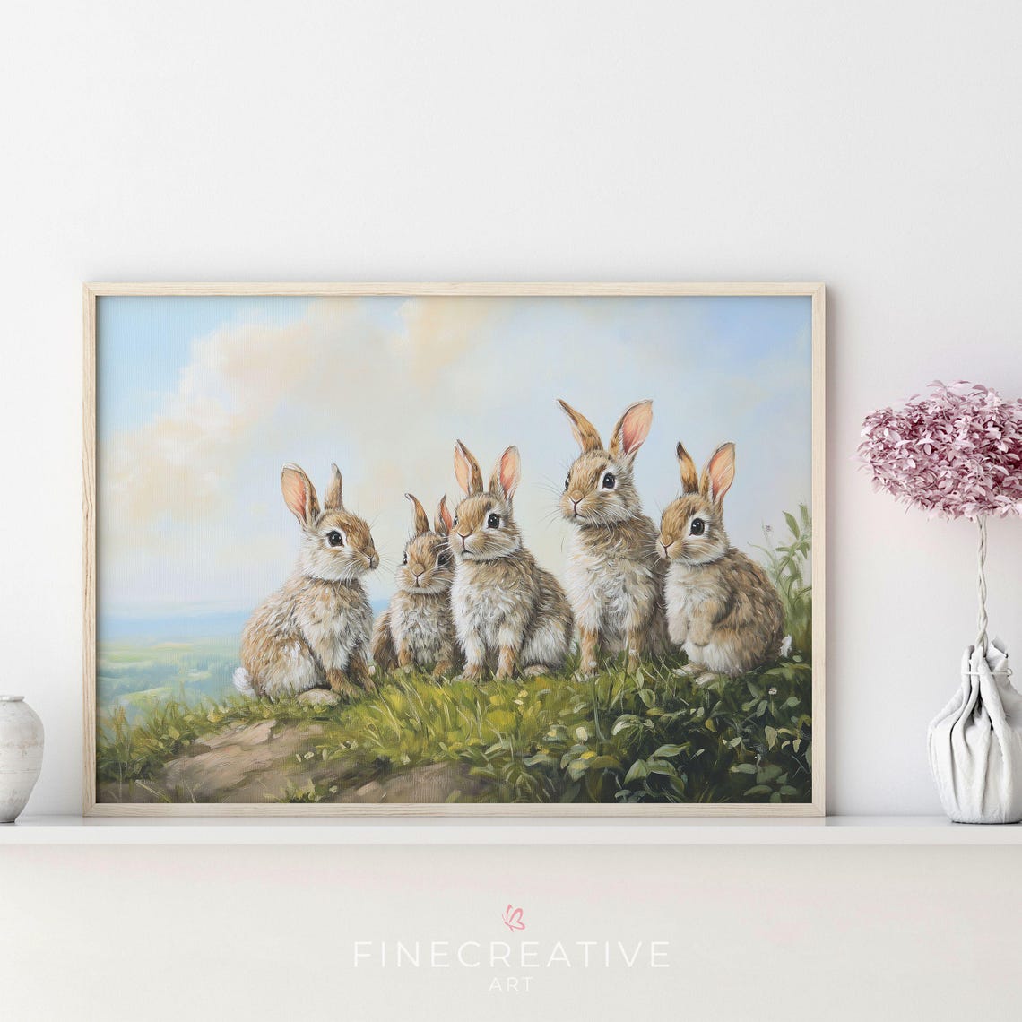 Five Adorable Bunnies On Sunny Meadow Hill Easter Spring Wall Art - Image 2