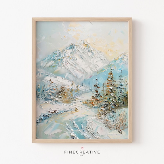 Snowy Mountain Landscape Pastel Impasto Oil Painting Winter Poster