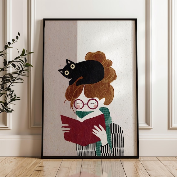 Woman Reading With Black Cat On Her Head Cute Book Lover Poster