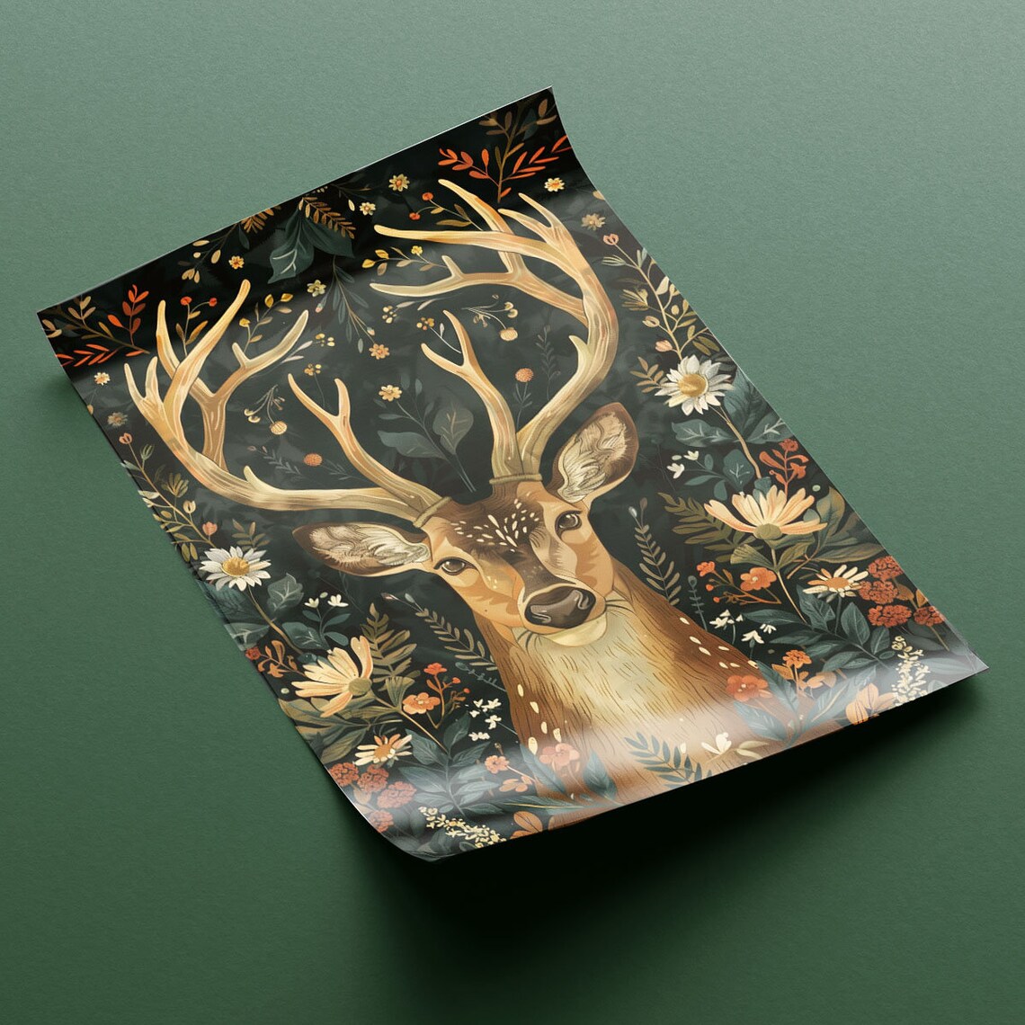 Deer With Large Antlers Dark Botanical Floral Woodland Poster - Image 2
