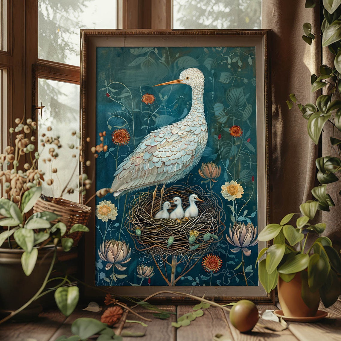 White Egret With Three Chicks In Nest Deep Teal Floral Bird Art Poster - Image 3
