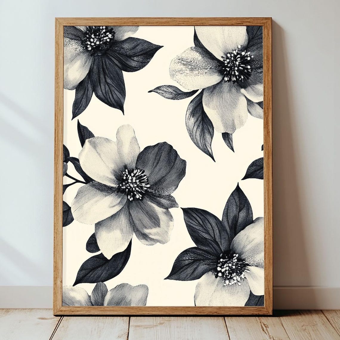 Black and White Monochrome Floral Pattern Elegant Botanical Wall Art
