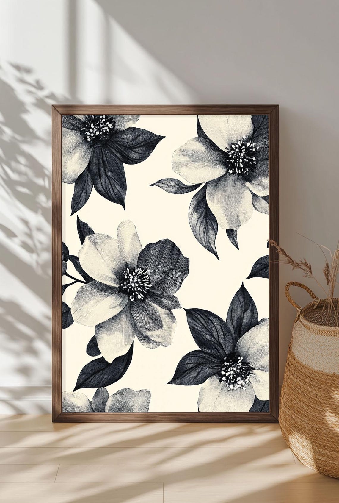 Black and White Monochrome Floral Pattern Elegant Botanical Wall Art - Image 4
