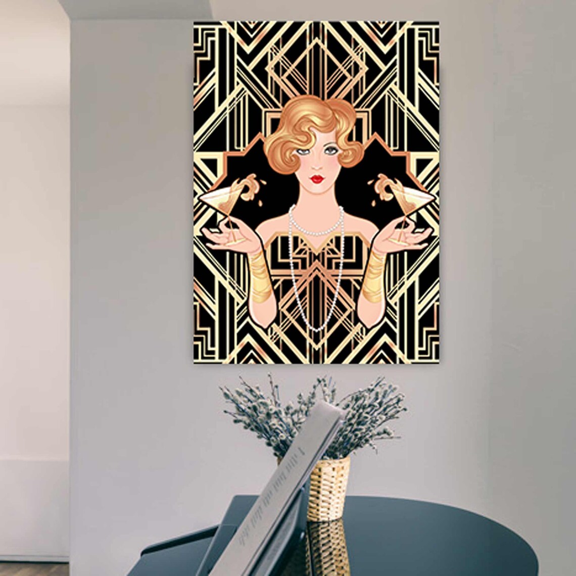 Art Deco Flapper Girl With Two Cocktails Black And Gold 1920s Poster - Image 2