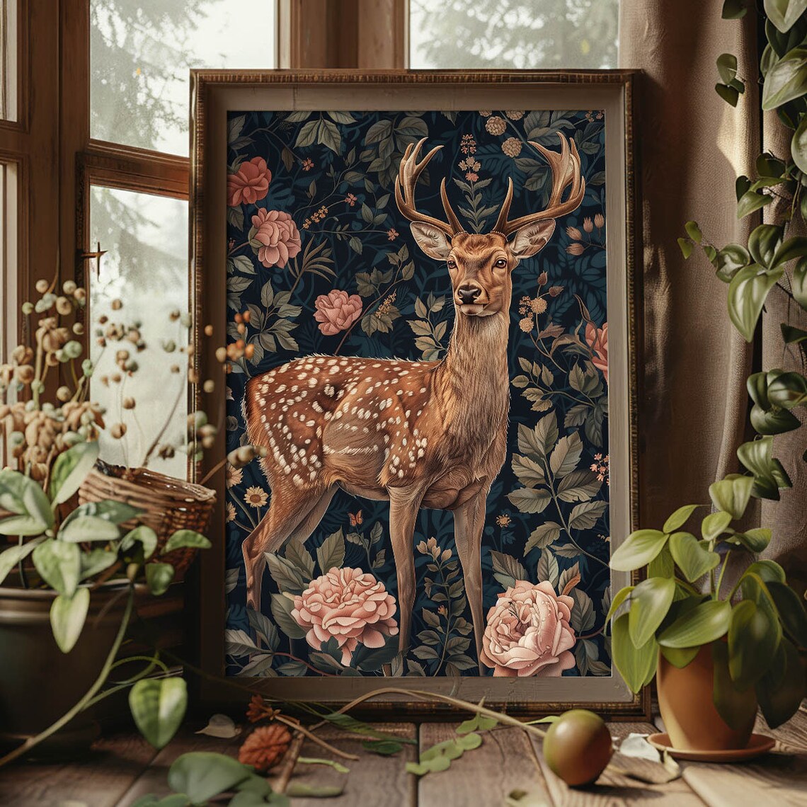 Spotted Fallow Deer Stag In Midnight Blue Floral Forest Night Art Poster - Image 3