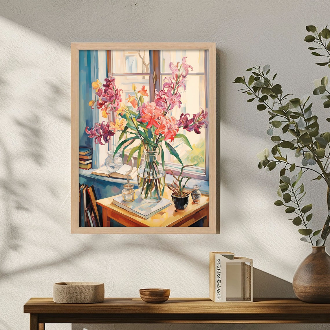 Gladiolus Flowers In Glass Vase On Sunny Windowsill Still Life Poster - Image 4