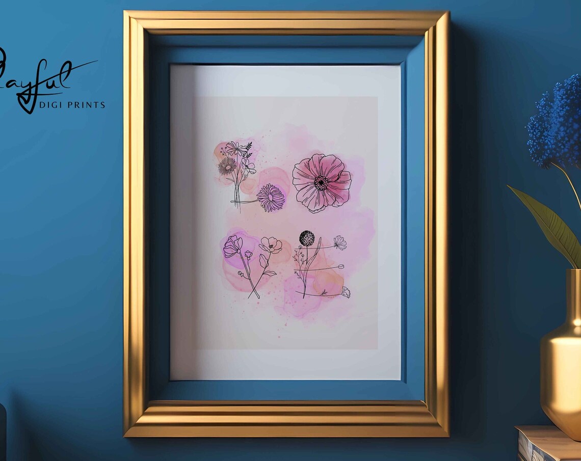 Pink Watercolor Floral Botanical Line Art Delicate Flower Wall Poster