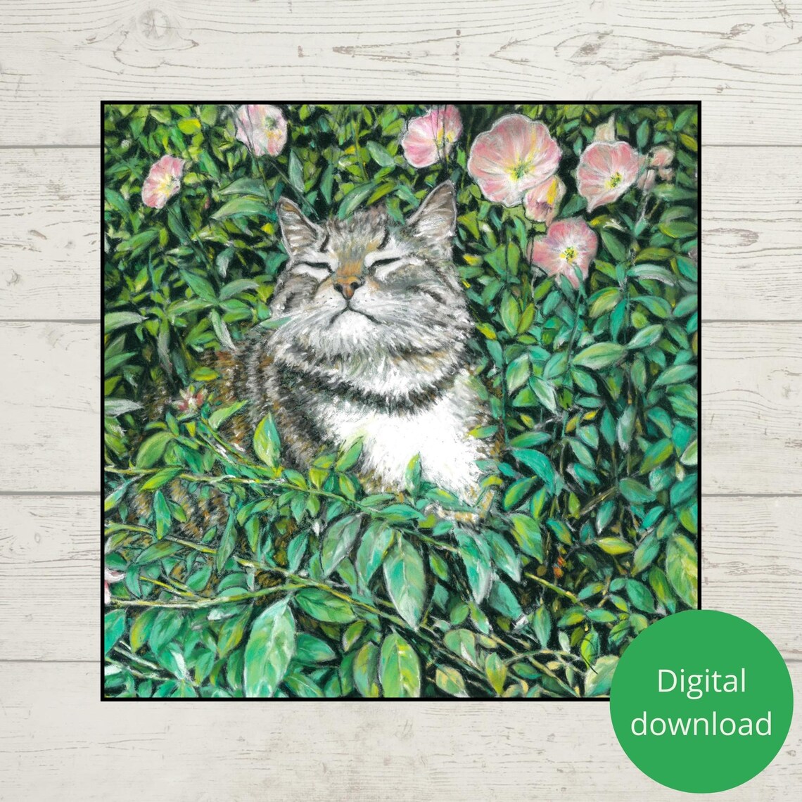 Happy Tabby Cat Relaxing Among Green Leaves and Flowers Poster