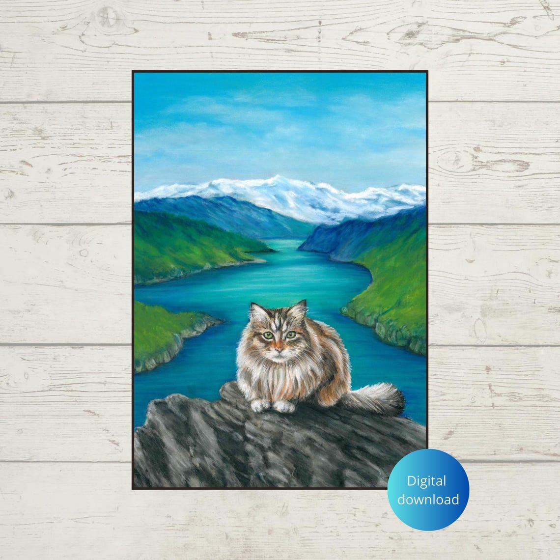 Fluffy Tabby Cat On Rock Before Mountain River Panorama Poster