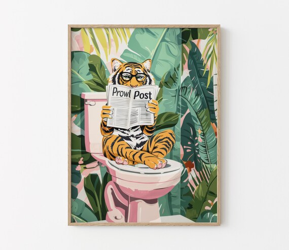 Tiger Crossed Paws Reading Prowl Post On Toilet Jungle Funny Poster