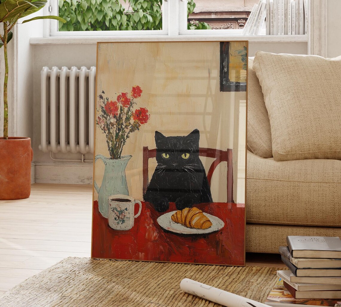 Black Cat at Red Bistro Table with Coffee Mug and Croissant Print - Image 4
