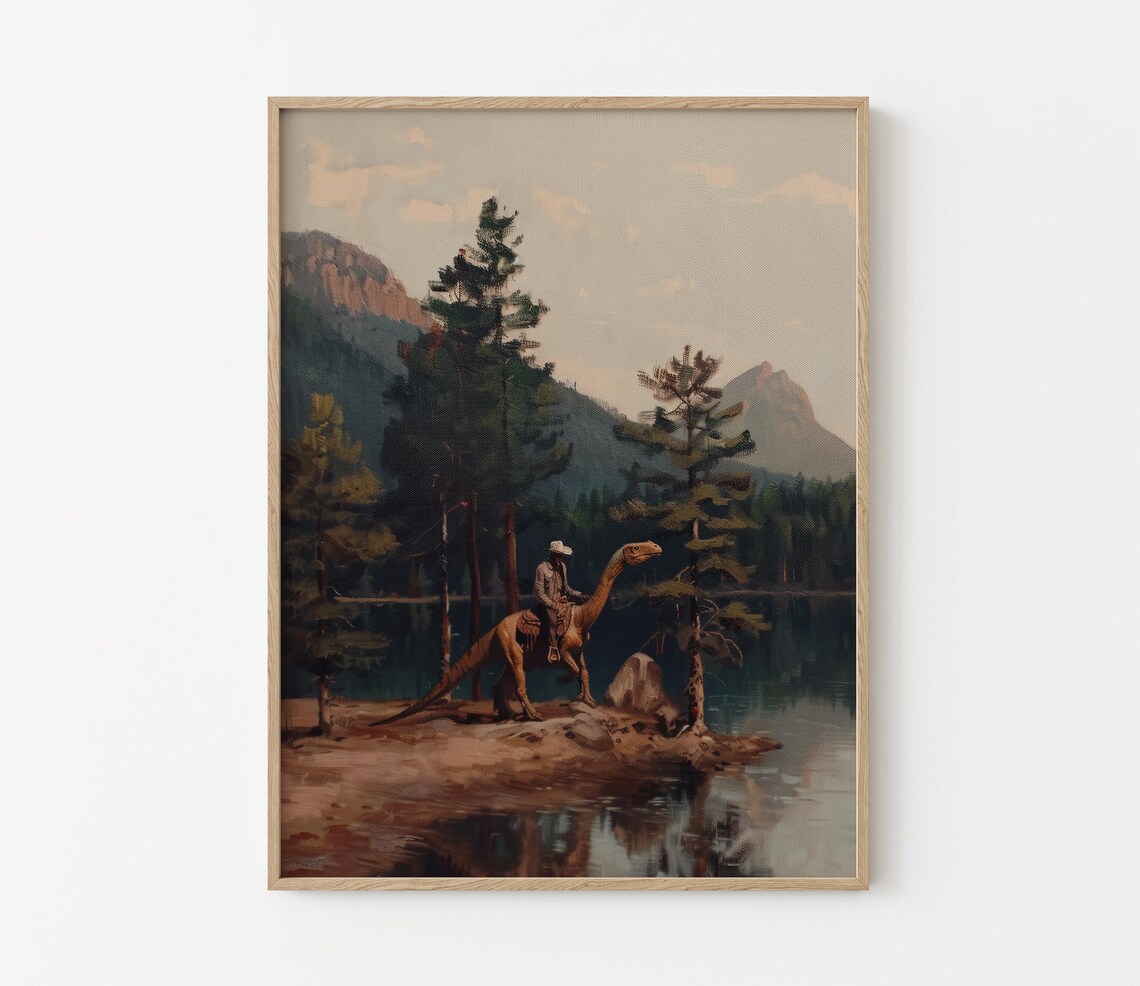 Vintage Dinosaur Cowboy Oil Painting Art Print