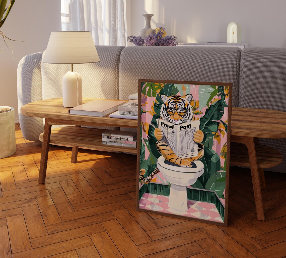 Tiger Black Glasses Prowl Post Toilet Pink Tiled Floor Funny Poster - Image 2