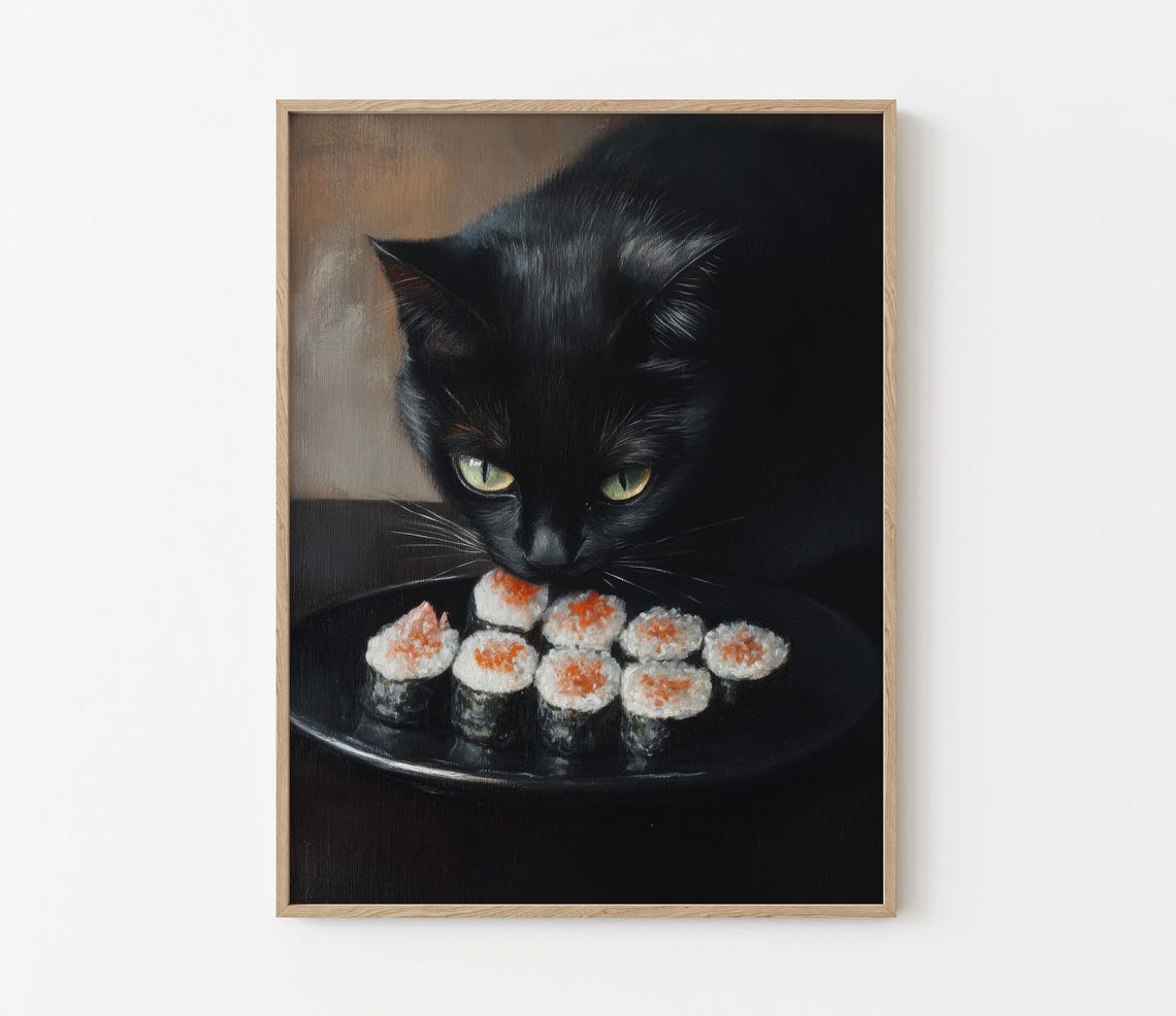 Black Cat Sushi Oil Painting Print Tokyo Art Print Oishii Cat Print Delicious Japanese Food Art Kitchen Wall Art Sushi Art Bcs1