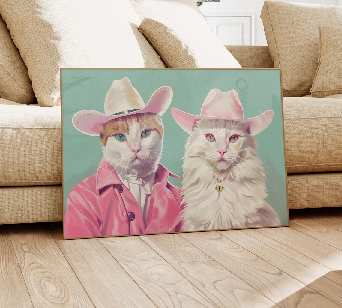 Two White Cowboy Cats in Pink Hats on Teal Background Poster - Image 4