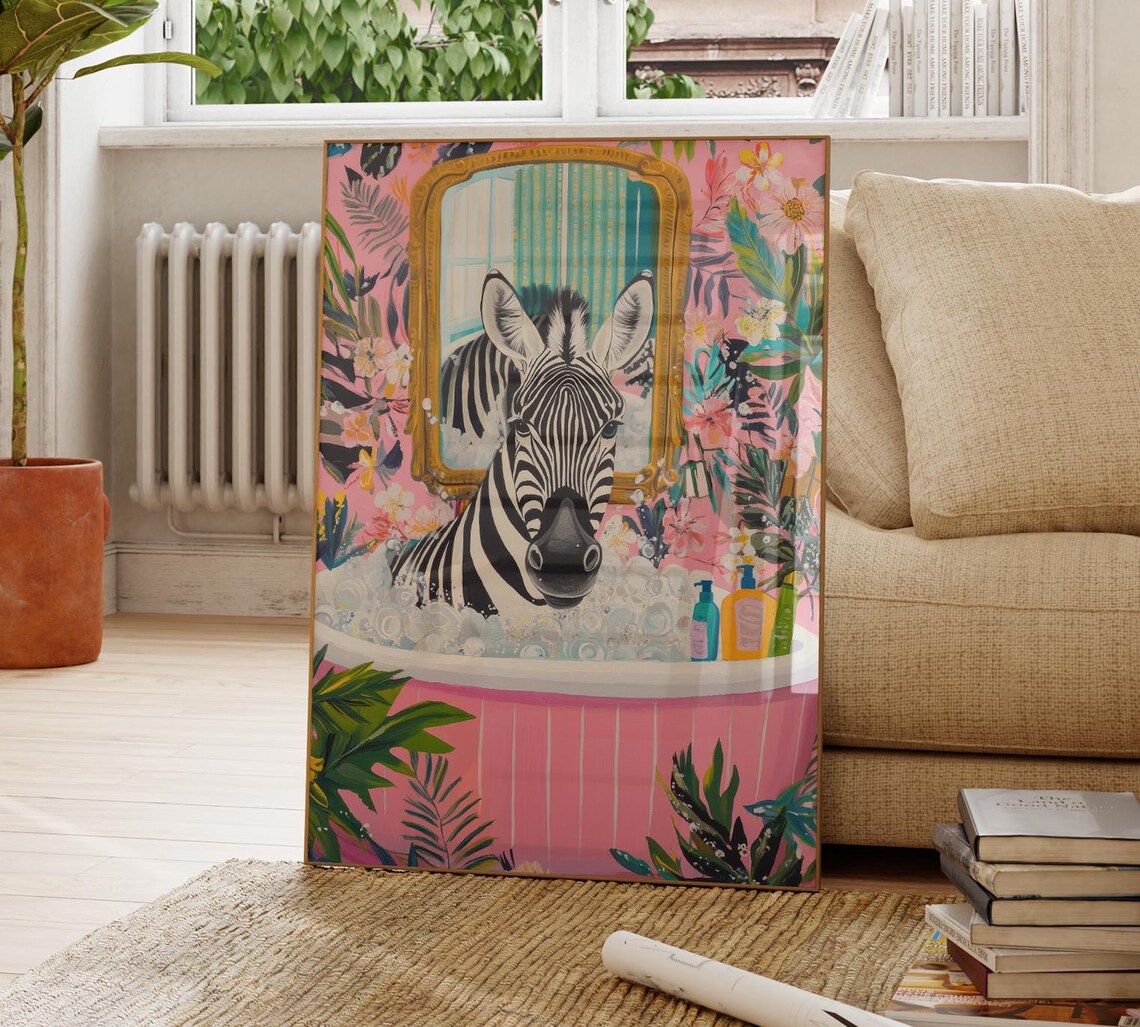 Zebra in a Bubble Bath Under a Gilded Gold Framed Mirror Poster - Image 4