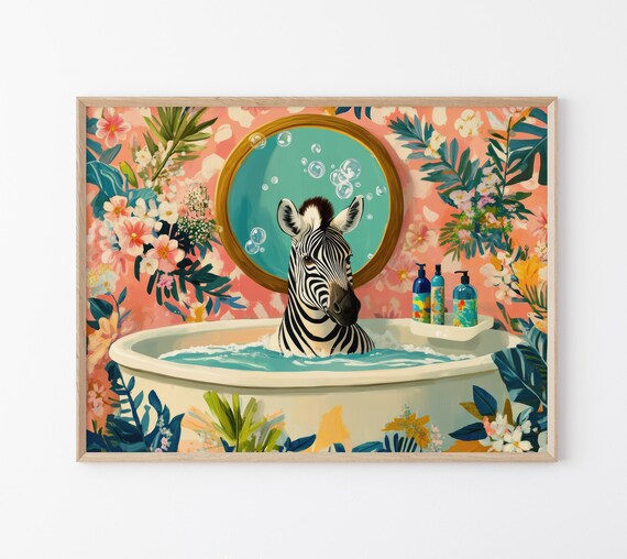 Zebra in a Bubble Bath With Teal Mirror Floral Bathroom Poster