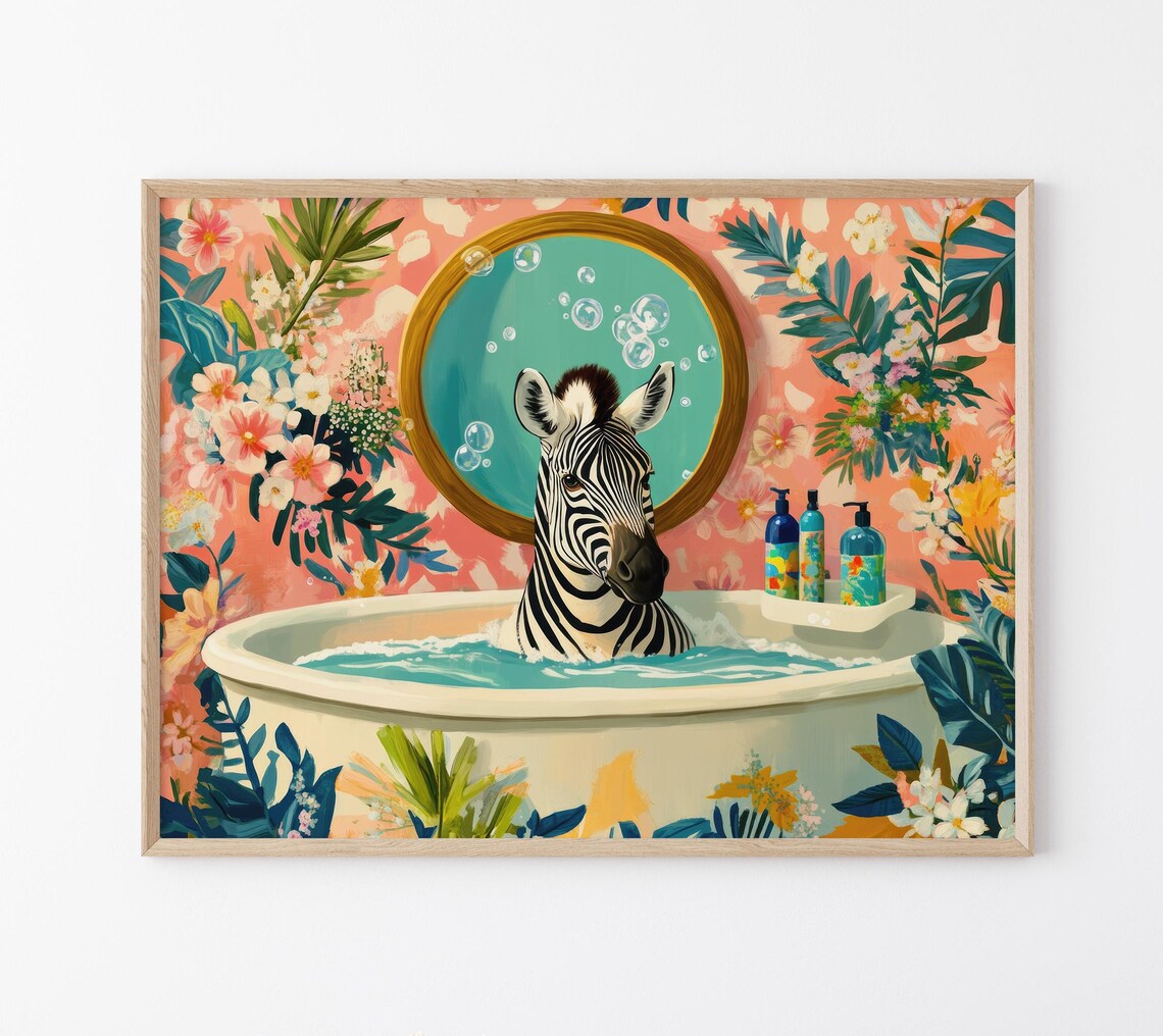Zebra in a Bubble Bath With Teal Mirror Floral Bathroom Poster