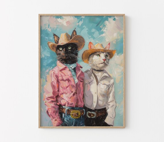 Cowboy Cats Oil Painting Poster with Black and White Cat Duo