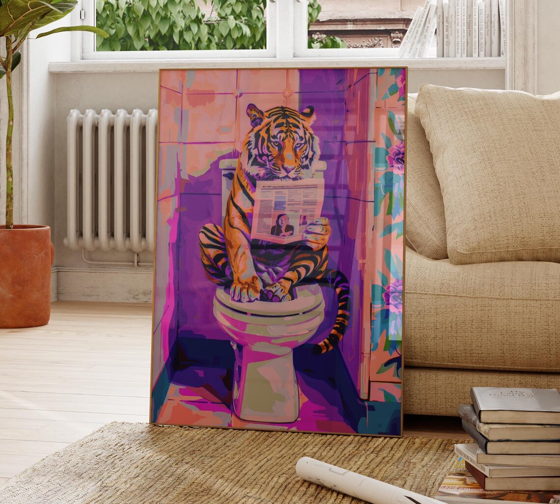 Tiger Reading Newspaper On Toilet Purple Pink Bathroom Funny Poster - Image 4
