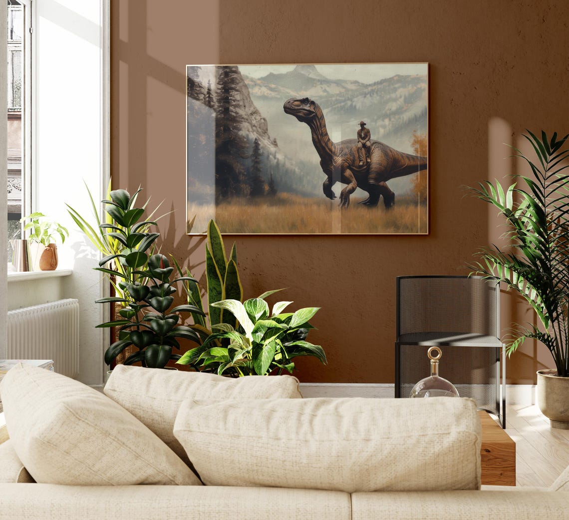 Vintage Dinosaur Cowboy Oil Painting Print Western Jurassic Dinosaur Print Gift For Him Funny Print Vdc15 - Image 2