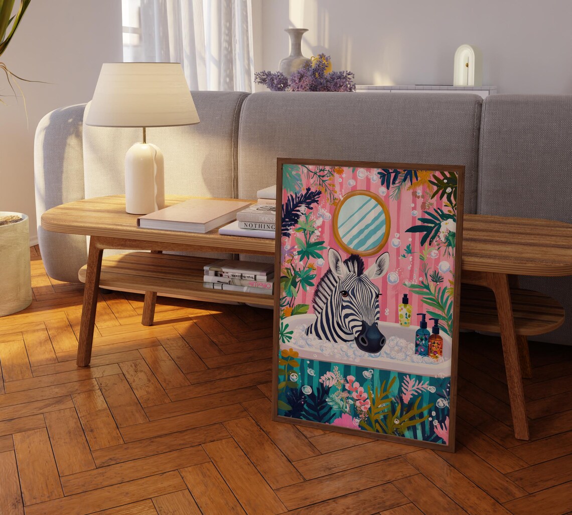 Zebra in a Bubble Bath With Oval Mirror Pink Bathroom Poster - Image 2