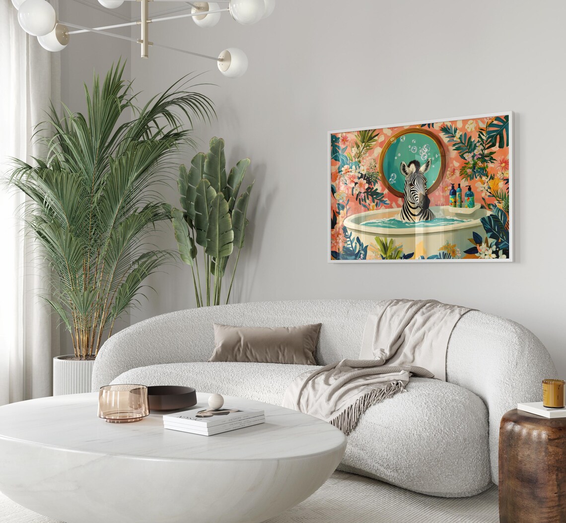Zebra in a Bubble Bath With Teal Mirror Floral Bathroom Poster - Image 3