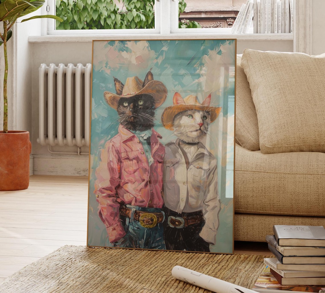 Cowboy Cats Oil Painting Poster with Black and White Cat Duo - Image 4