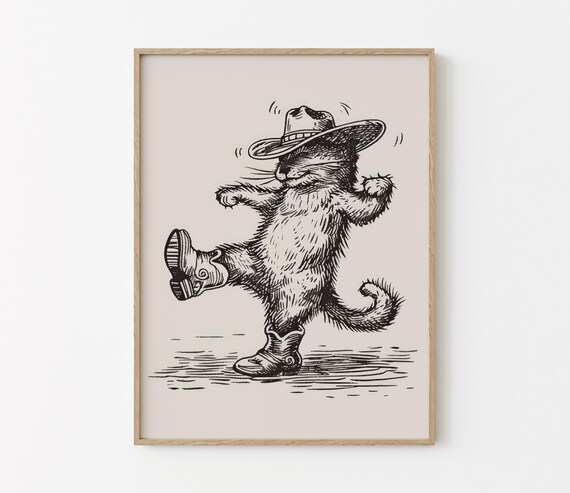 Dancing Cowboy Cat High Kick Sketch Vintage Western Decor Poster