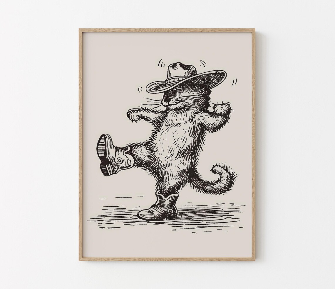 Dancing Cowboy Cat High Kick Sketch Vintage Western Decor Poster