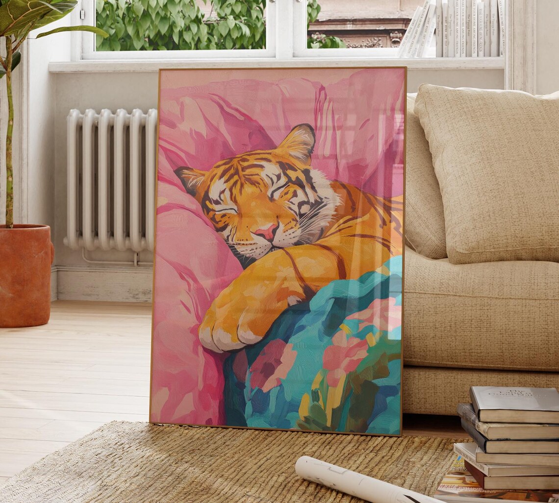 Sleeping Tiger On Pink Pillow Floral Blanket Maximalist Poster - Image 4