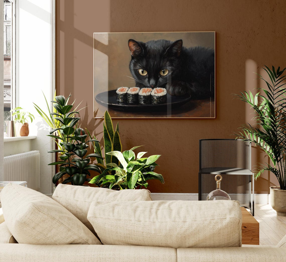 Black Cat Sushi Oil Painting Print Tokyo Art Print Oishii Cat Print Delicious Japanese Food Art Kitchen Wall Art Sushi Art Bcs5 - Image 2